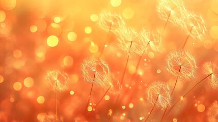 Wall Mural - Abstract blurred nature background with dandelion seeds floating gracefully in soft focus