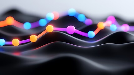Fototapete - Abstract 3D rendering of glowing lines and spheres forming a dynamic wave pattern on a dark surface.