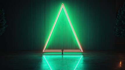 Wall Mural - minimalist neon christmas tree glowing brightly in vibrant green against a dark background.