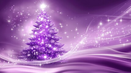 Wall Mural - purple abstract christmas tree with glowing stars and soft radiant light effects, holiday elegance.