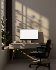 A computer placed on a table in a minimalist room with sunlight casting shadows on the wall.