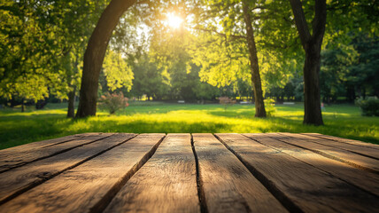 Wall Mural - wood table surface with a soft-focus green tree background ideal for showcasing products