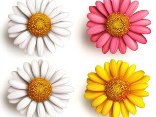 Wall Mural - Four daisies white, pink, yellow.  Top view, isolated on white.