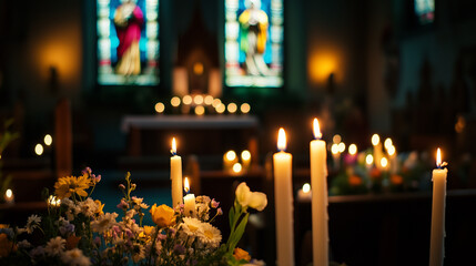 Wall Mural - St. Brigid's Day ritual in a small church, altar decorated with candles and spring flowers, congregation holding lit candles in a silent atmosphere, Ai generated images