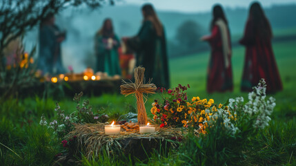 Brigid's Day celebration in rural Ireland, small altar decorated with Brigid's cross made of straw, candles burning around it, women in traditional clothes carrying offerings of flowers and bread