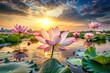 © ChannelPIC - Peaceful lotus blossoms greet the sunrise over tranquil waters.