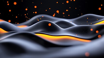 Fototapete - Abstract dark grey waves with orange glowing particles.