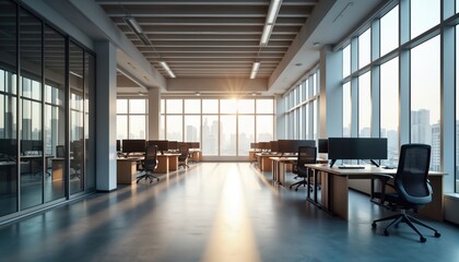 Aufkleber - Modern open office space with big windows. Sunlight streams in. Empty workstations with computers organized. City view visible through large windows. Bright, clean interior design. Empty office ready