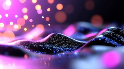 Fototapete - Abstract digital landscape with glowing particles and bokeh lights.