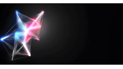 Fototapete - Abstract glowing geometric shape with blue and pink light trails on black background.