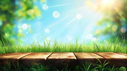 Wall Mural - beautiful spring summer nature scene with vibrant green grass and wooden table in outdoor