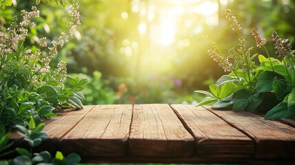 Wall Mural - Wooden table with a blurred green nature garden in the background creating a peaceful scene
