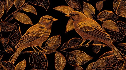 Tropical pattern of exotic birds and big palm leaves. Golden outline. Vintage vector botanical illustration. Seamless background, texture, wrapper pattern, frame or border. Digital nature art.