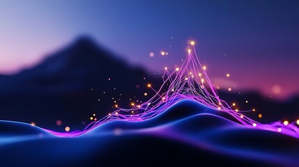Fototapete - Abstract glowing lines forming a landscape at sunset.
