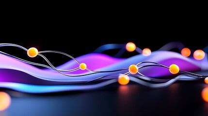 Fototapete - Abstract glowing purple and blue waves with orange spheres connected by thin lines on a black background.