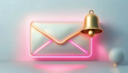 Poster - A neon-lit envelope with a gold bell, symbolizing notifications and messages in a modern digital context.