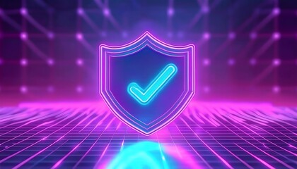 Poster - A glowing shield with a checkmark, set against a vibrant digital background, symbolizes security and validation in a futuristic style.
