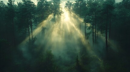 Wall Mural - Misty Morning Forest with Glowing Sunbeams Filtering Through Tall Pines Dewy Ground Illuminated in Soft Golden Light