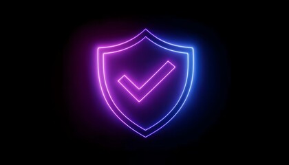 Poster - a neon shield icon with a checkmark, symbolizing security and trust, set against a dark background.