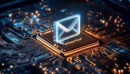 Poster - A glowing email icon is displayed above a circuit board, symbolizing digital communication and technology.