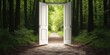 © Nopadon - A serene forest scene featuring an open white door, symbolizing new beginnings and opportunities amidst lush greenery and a pathway.