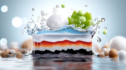 Poster - Abstract layered cube in water with splashing effect and spheres.