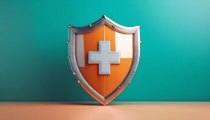 Poster - A shiny, orange shield with a white cross, set against a teal background, symbolizing protection or healthcare.