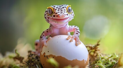 A gecko hatching from an egg, showcasing nature's beauty and the cycle of life.