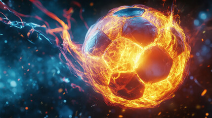 Wall Mural - glowing futuristic soccer ball surrounded by fiery energy and sparks, creating dynamic and intense v