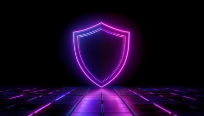 Poster - A glowing neon shield icon against a dark background, symbolizing protection and security in a digital space.