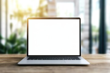 Aufkleber - A white, blank laptop mockup on a wooden table with a modern office interior in the background, bathed in natural sunlight and sun rays. Ideal for tech marketing materials, and digital product mockups