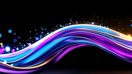 Wall Mural - Abstract vibrant purple and blue wave with glowing particles on black background.