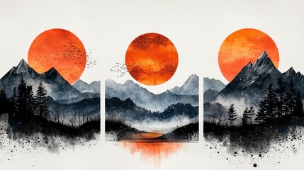 Wall Mural - Triptych of watercolor landscapes with fiery sunsets over mountains and forests.