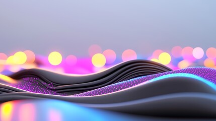 Fototapete - Abstract wavy surface with glowing particles and bokeh lights.