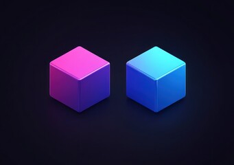 Poster - Two glowing isometric cubes, pink and blue, on dark background.