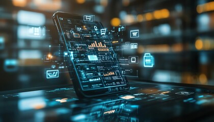 Poster - Digital media strategy for AI management in ecommerce, smartphone showing online shopping plans, modern business outlook and strategy, hightech, sleek design, 4K resolution