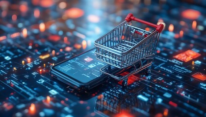 Leinwandbilder - Digital media strategy for AI management in ecommerce, smartphone showing online shopping plans, modern business outlook and strategy, hightech, sleek design, 4K resolution