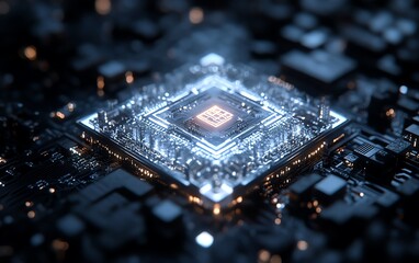 Poster - Futuristic microchip with intricate semiconductor circuitry, representing technology development in the electronic industry, glowing design, sleek and modern, 8K clarity