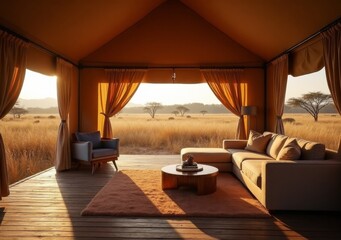 Cozy safari lounge overlooking serene savanna landscape at sunset in Africa