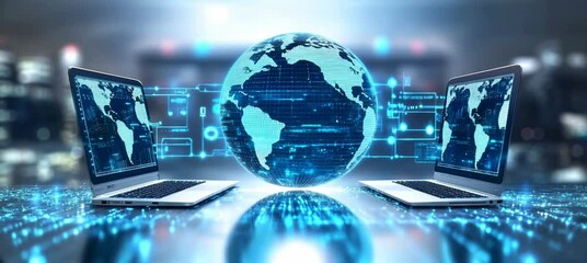 Fototapete - Rotating digital earth globe hologram from laptop. Global internet network telecom and communication. Generative video AI technology.	
