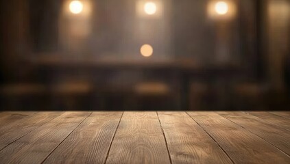 Aufkleber - An empty wooden table top with a blurred restaurant interior background, featuring rustic brown wood and a dark bar backdrop, with light spotlights on the wall, perfect for product display