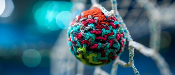 Colorful Knitted Ball Hanging on a Net with Blurred Background and Soft Bokeh Effect