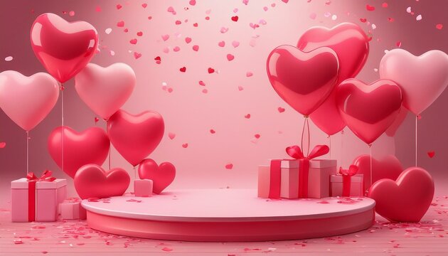 appy valentines day podium decoration with heart shape balloon, gift box, confetti, 3D rendering illustration, anniversary