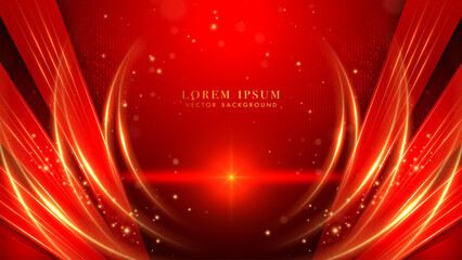 Wall Mural - elegant abstract background in deep red with golden glowing curves, dynamic light streaks effect