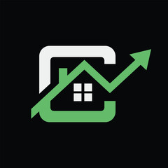 Poster - The image shows a flat monogram logo design of an initial letter C with a house shape and an arrow pointing upward for real estate company logo   
