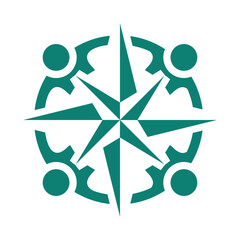 Poster - The image shows a flat logo design that depicts four abstract people holding together forming a circle with a compass rose icon on the middle 