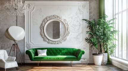 Sticker - Elegant green velvet sofa in a classic interior with large mirror and plant.