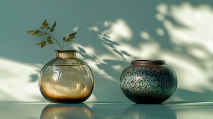 Sticker - Glass vase with plant, ceramic pot, shadows.