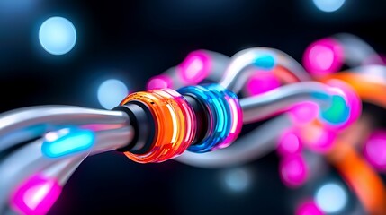 Fototapete - Abstract 3D rendering of interconnected glowing tubes and spheres, vibrant colors, technology concept.