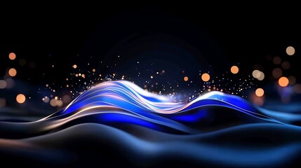Poster - Abstract blue and gold glowing waves with bokeh lights on black background.